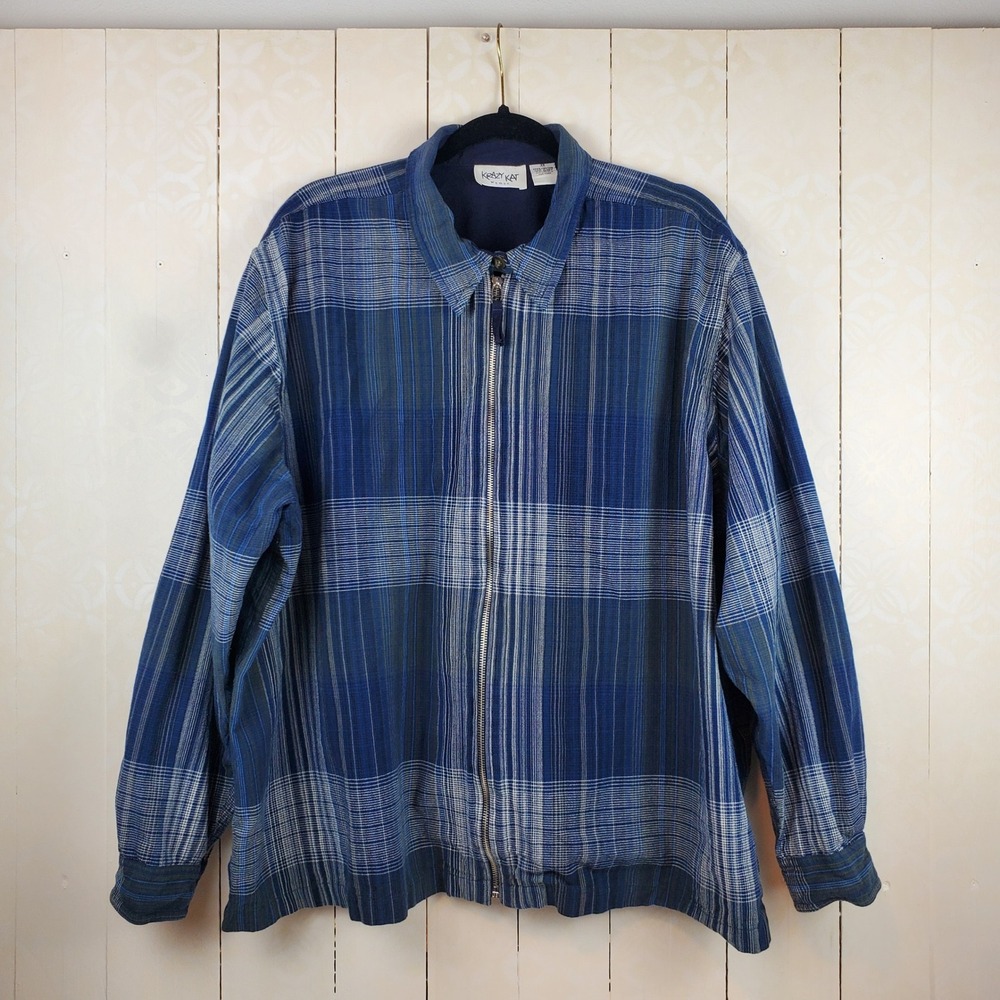 Krazy Kat Woman Zip Front Shirt Jacket 3X Blue Plaid 100% Cotton Shacket